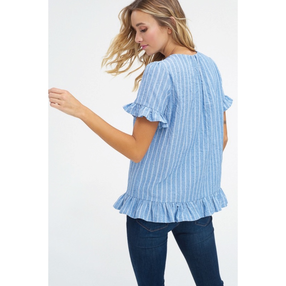 ♡ SOLD OUT! ♡ Blue Striped Button Down Ruffle Top - Picture 5 of 8